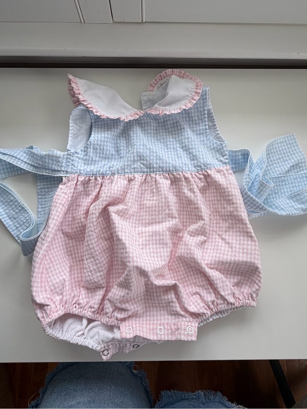 Two-Tone Pink & Blue Gingham Baby Bubble Romper with Ruffle Collar